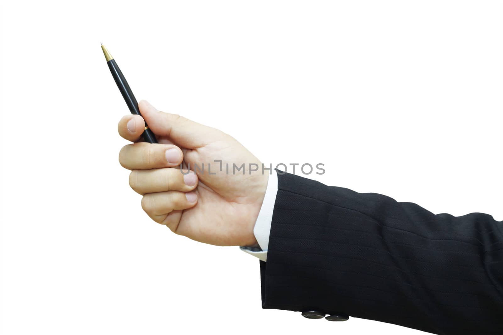 Businessman 's hand holding a pen isolated on white background