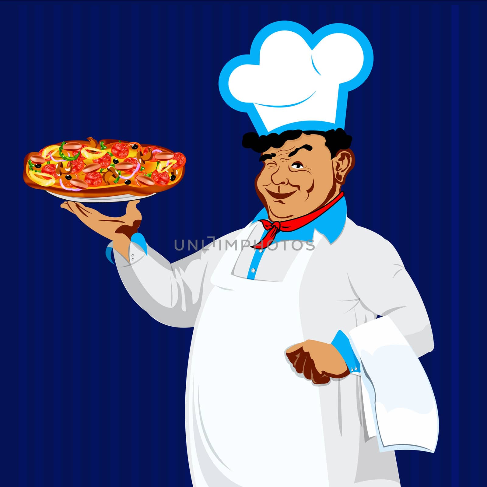 Happy joyful Chef and big traditional pizza by sergey150770SV