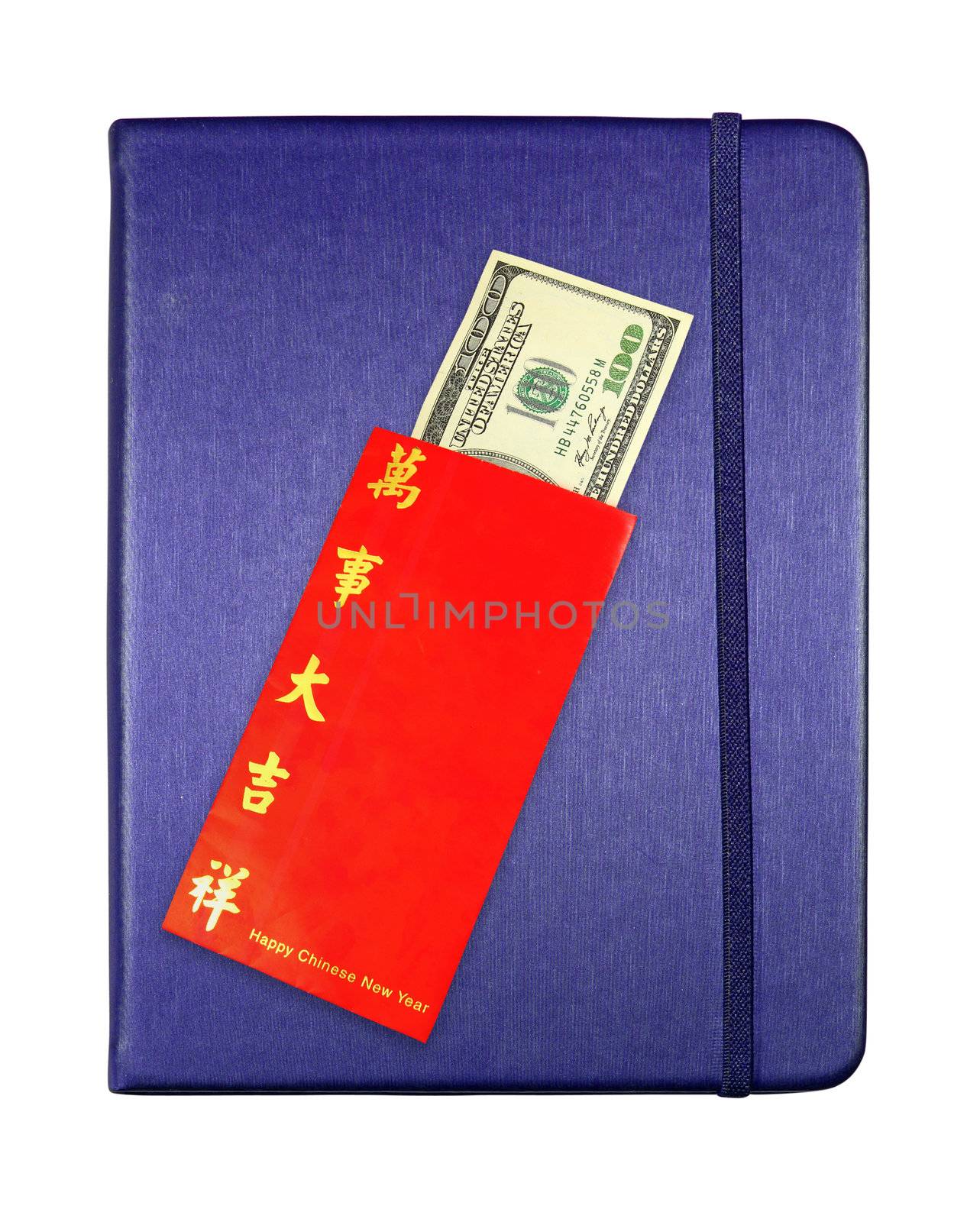 Money dollar cash banknote in red envelope on blue notebook isolated on white for chinese new year
