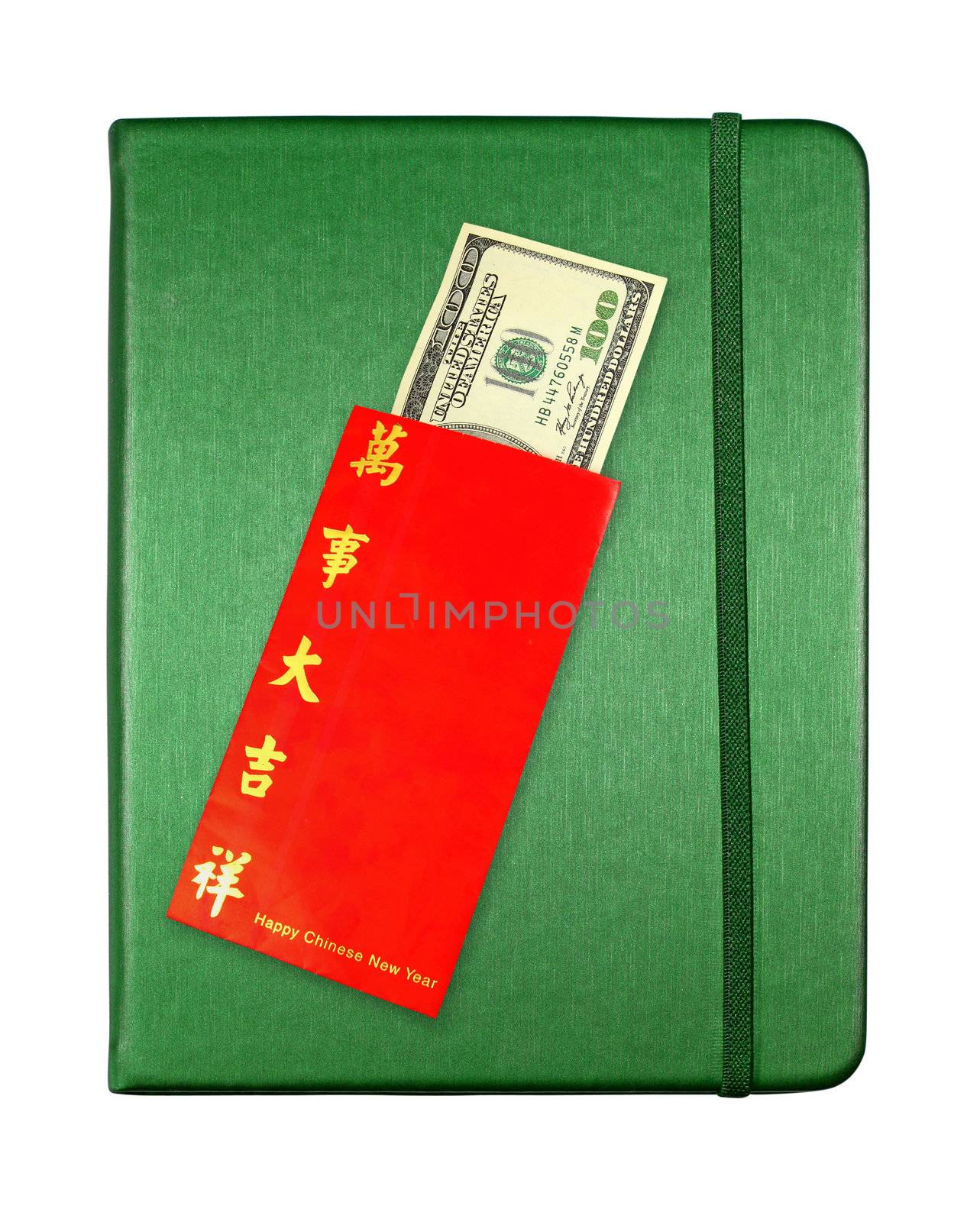 Money dollar cash banknote in red envelope on blue notebook isolated on white for chinese new year