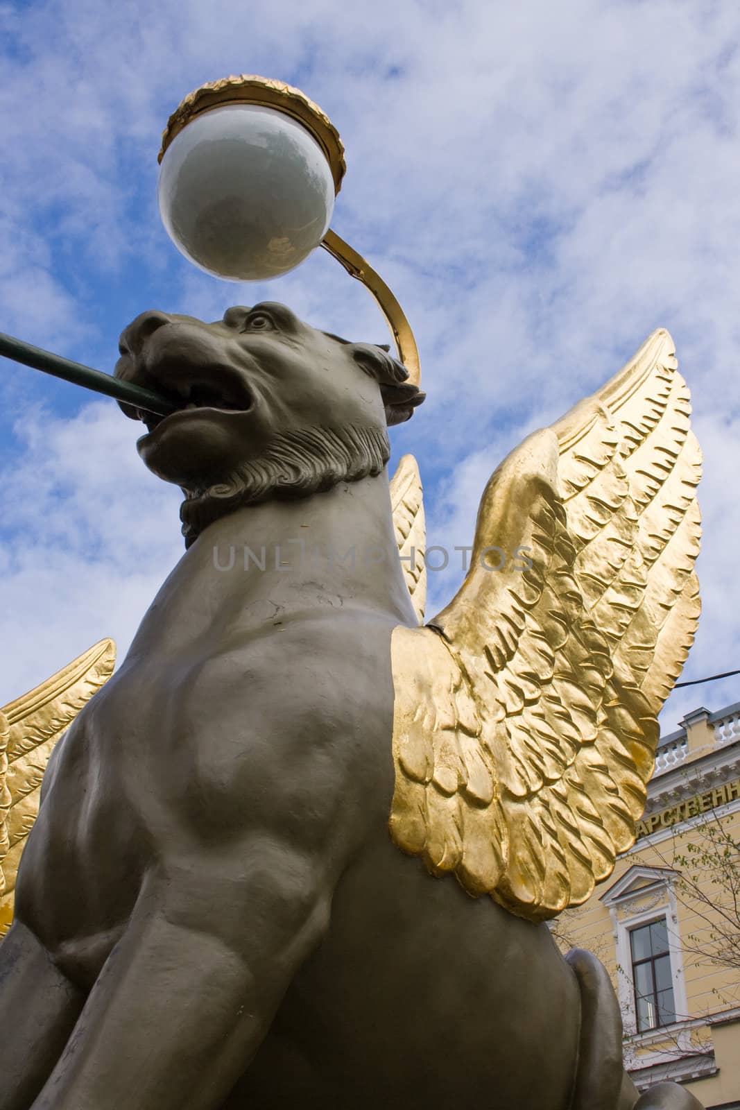 The famous winged lions on the bridge of czarist era in St. Petersburg. Russia.