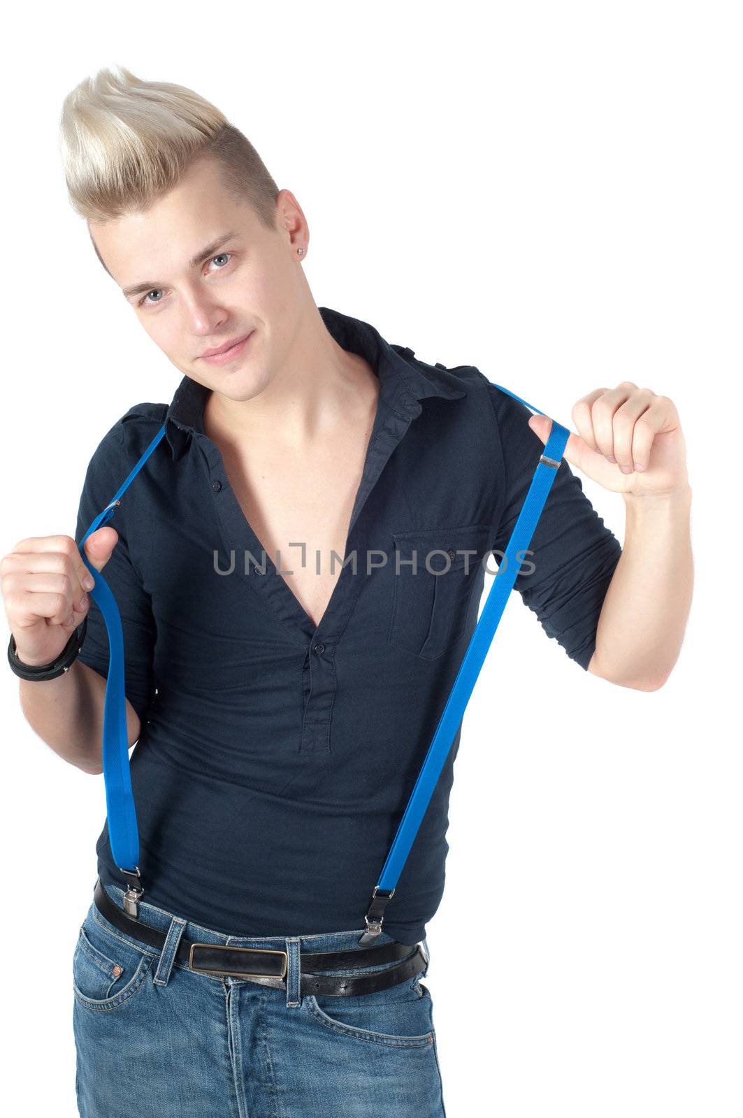 Portrait of handsome man in blue shirt, studio shoot, isolated on white