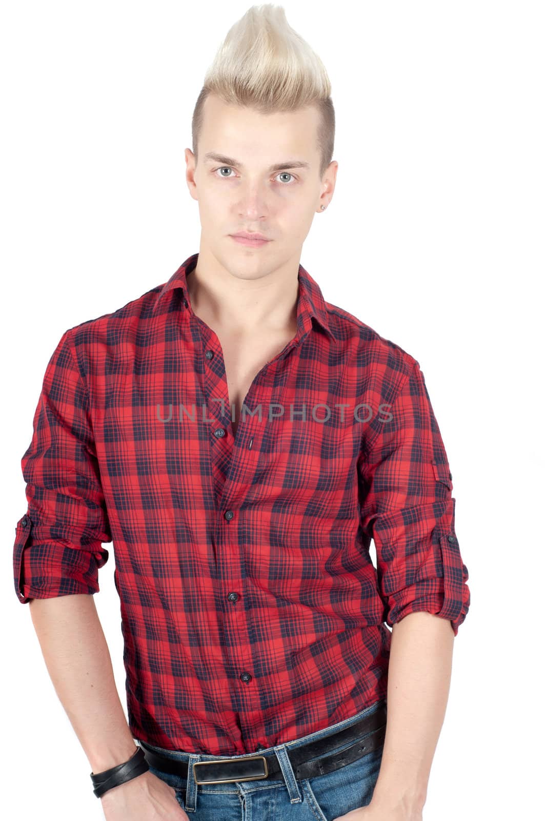 Portrait of handsome man  in red shirt, studio shoot,  isolated on white
