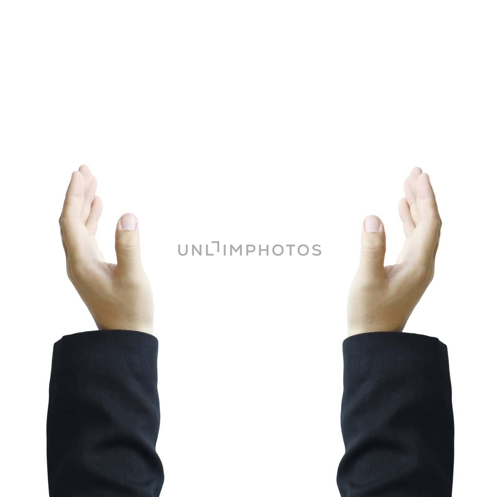 Two hands reaching on white background.