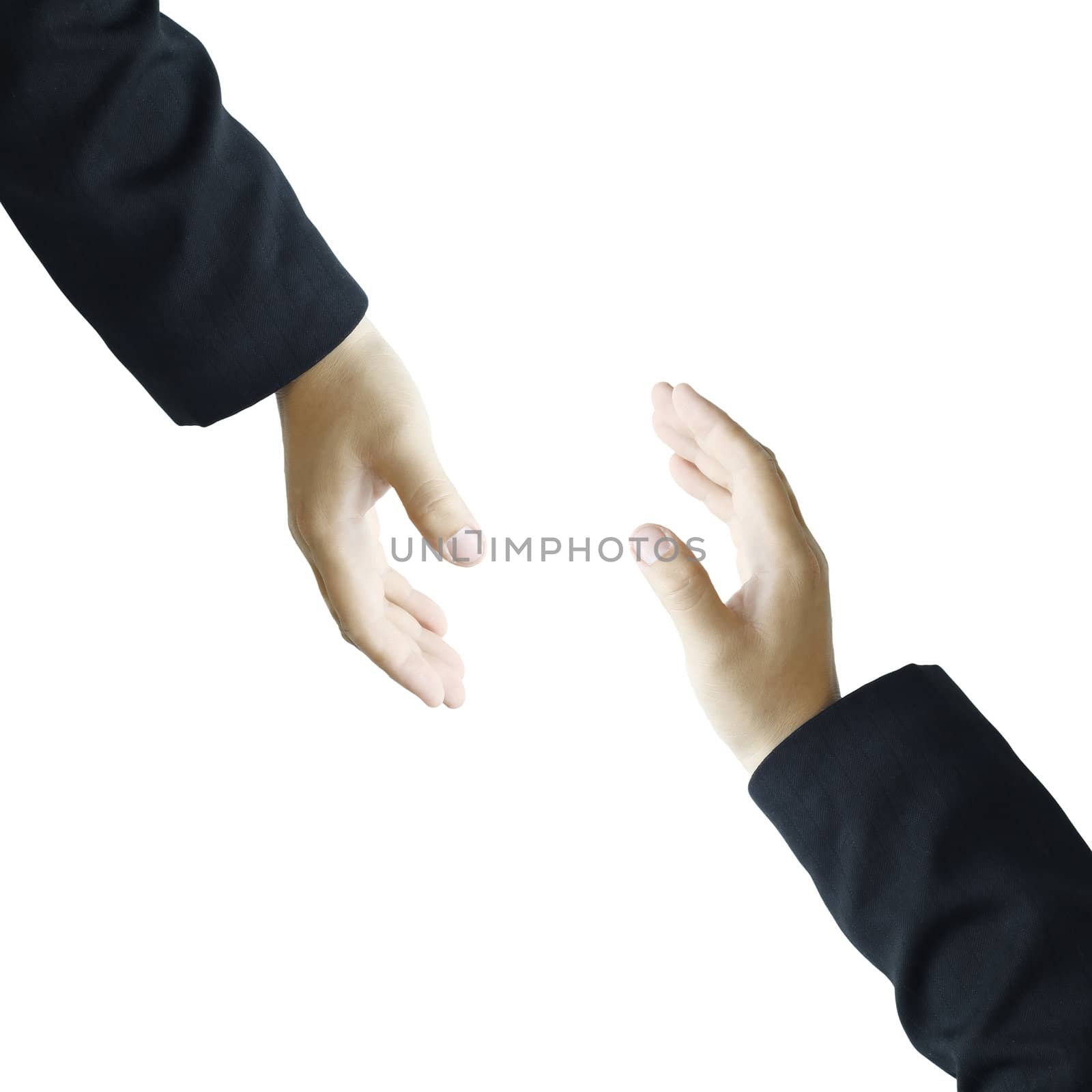 Two hands reaching towards each 
 on white background.