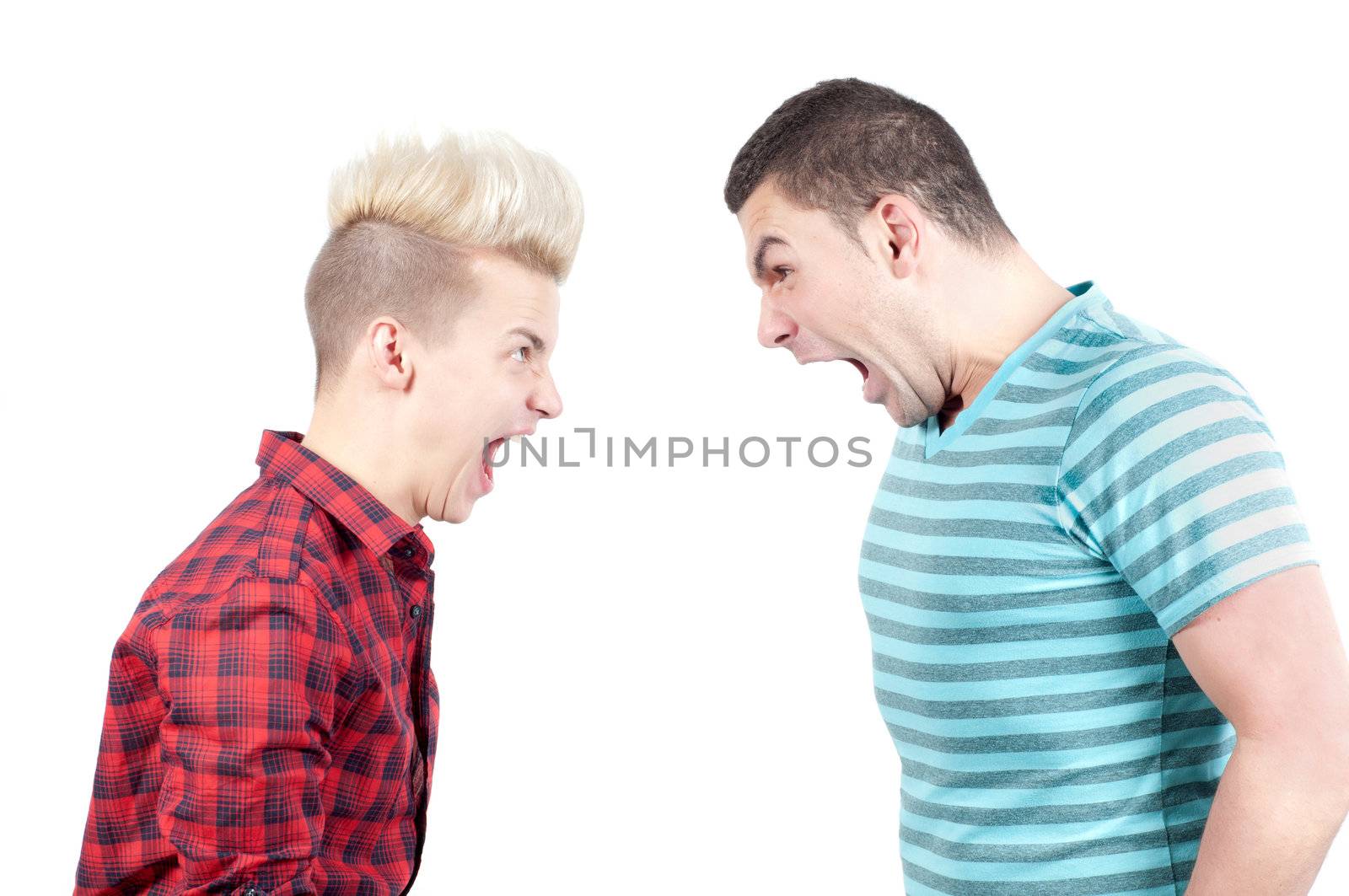 Two man screaming on each other, isolated