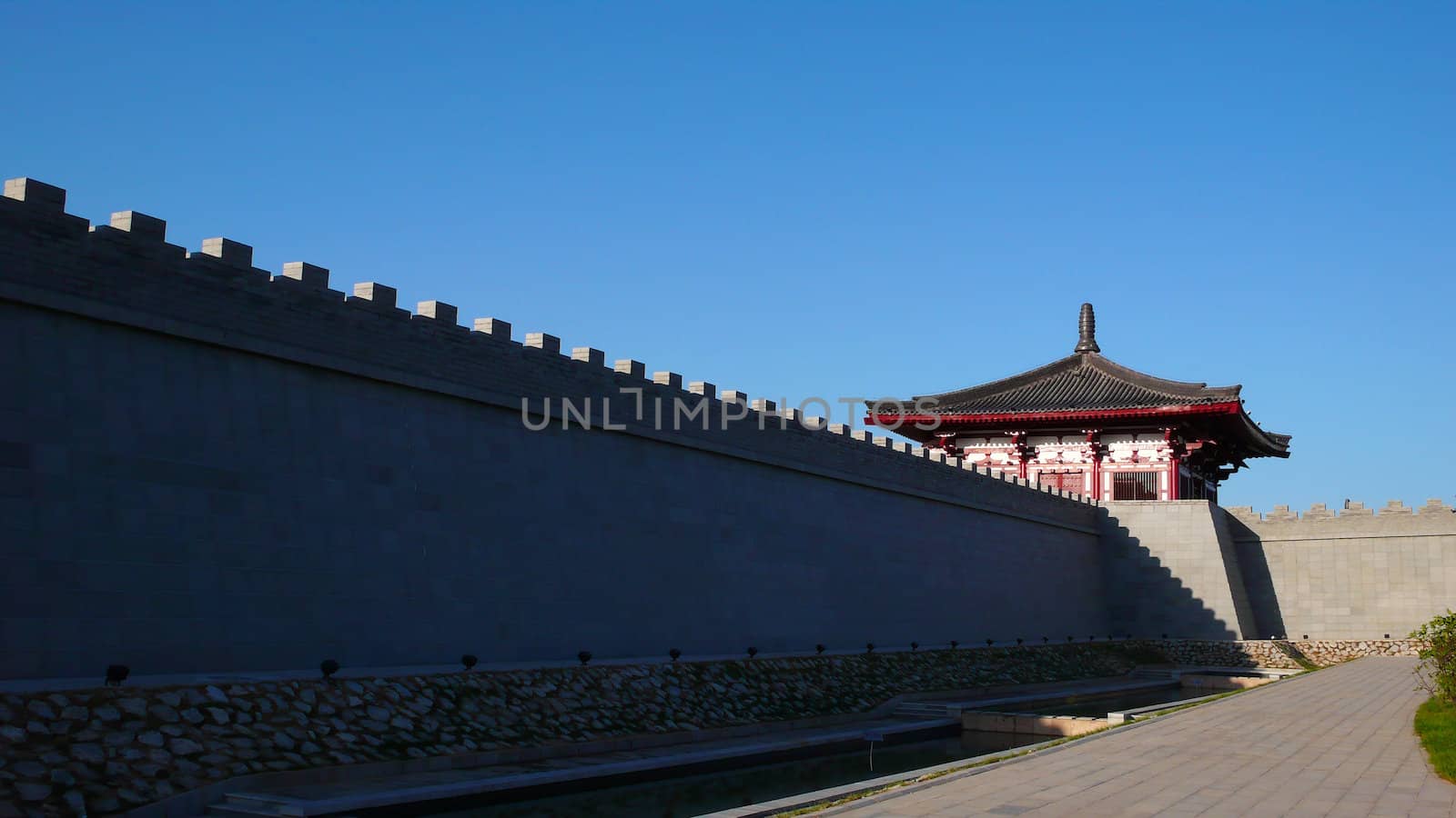 Ancient city wall of Xian China against blue sky