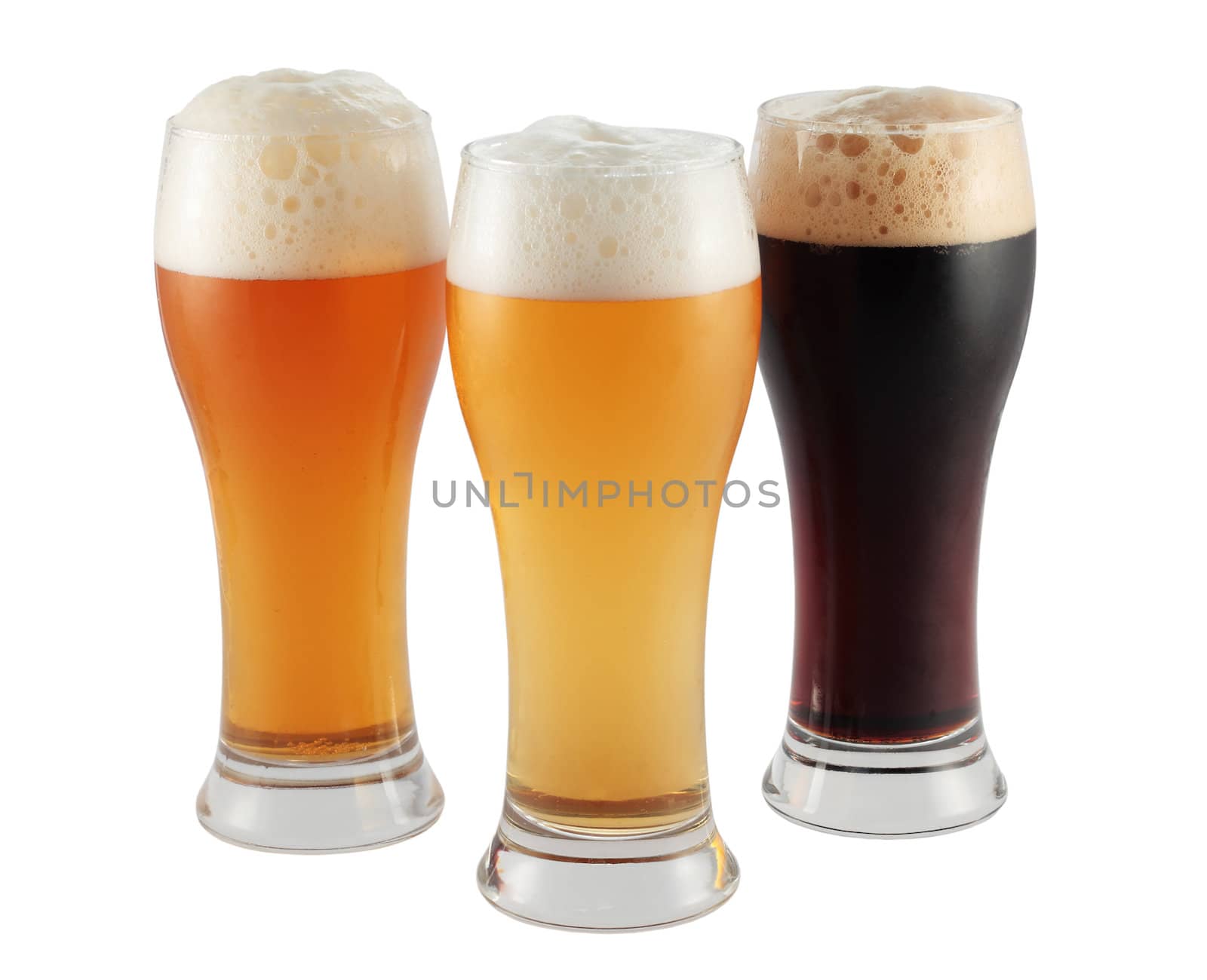 vessels with three different black blond beers and toast and isolated with clipping path