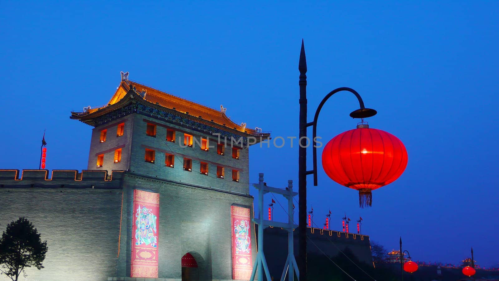 Ancient city wall of Xian China against blue sky