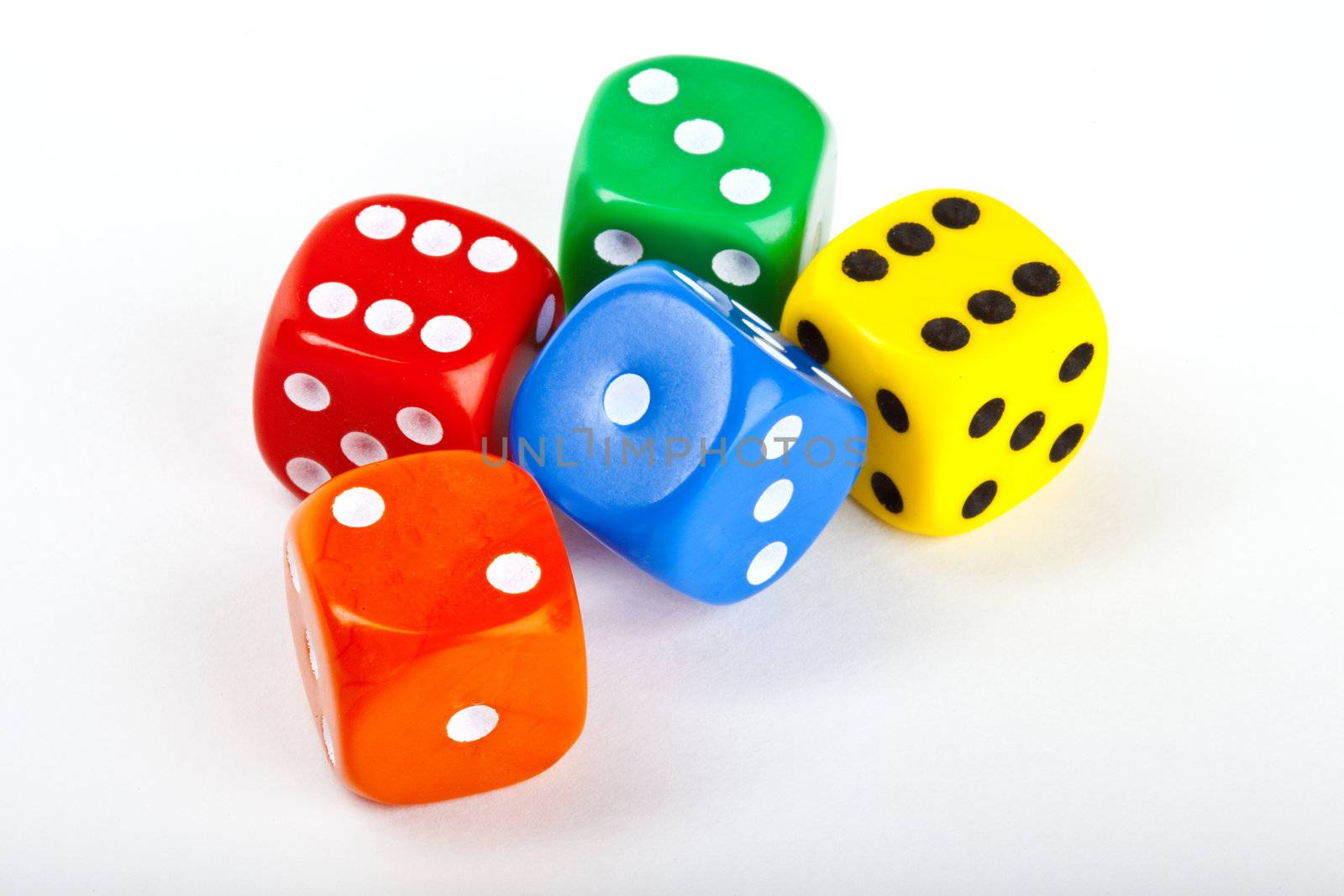 Six Dice over a white background.