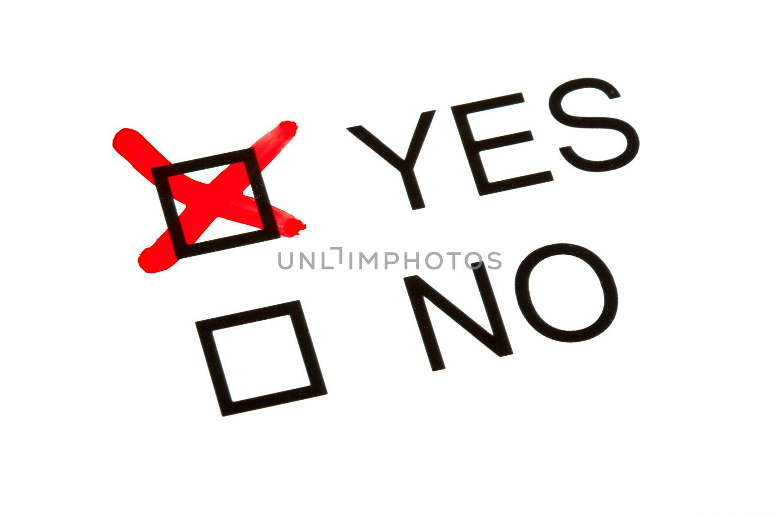 'YES' and 'NO' tick boxes on a survey or Questionnaire.