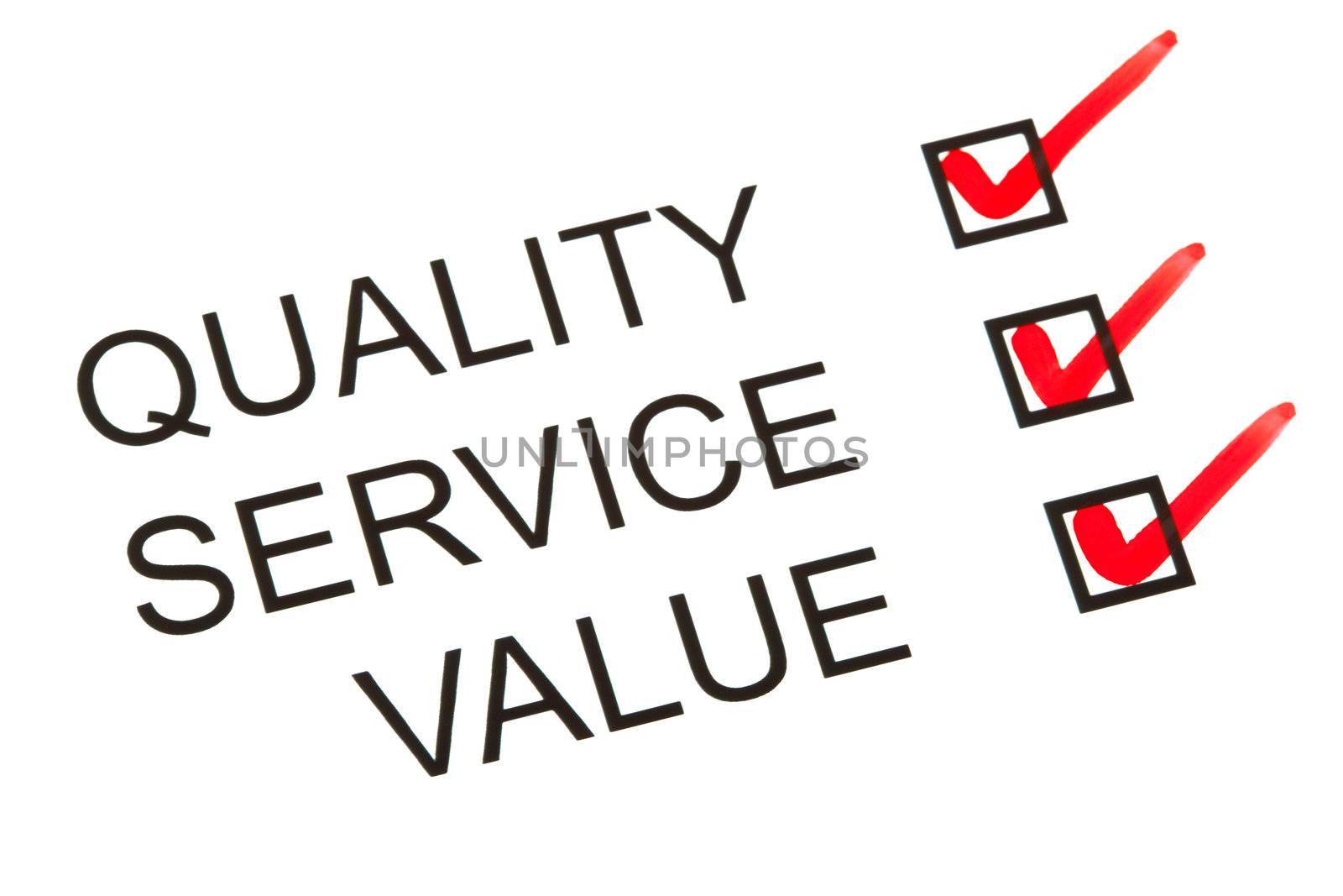 A checklist with ticks next to 'Quality', 'Service' and 'Value'.