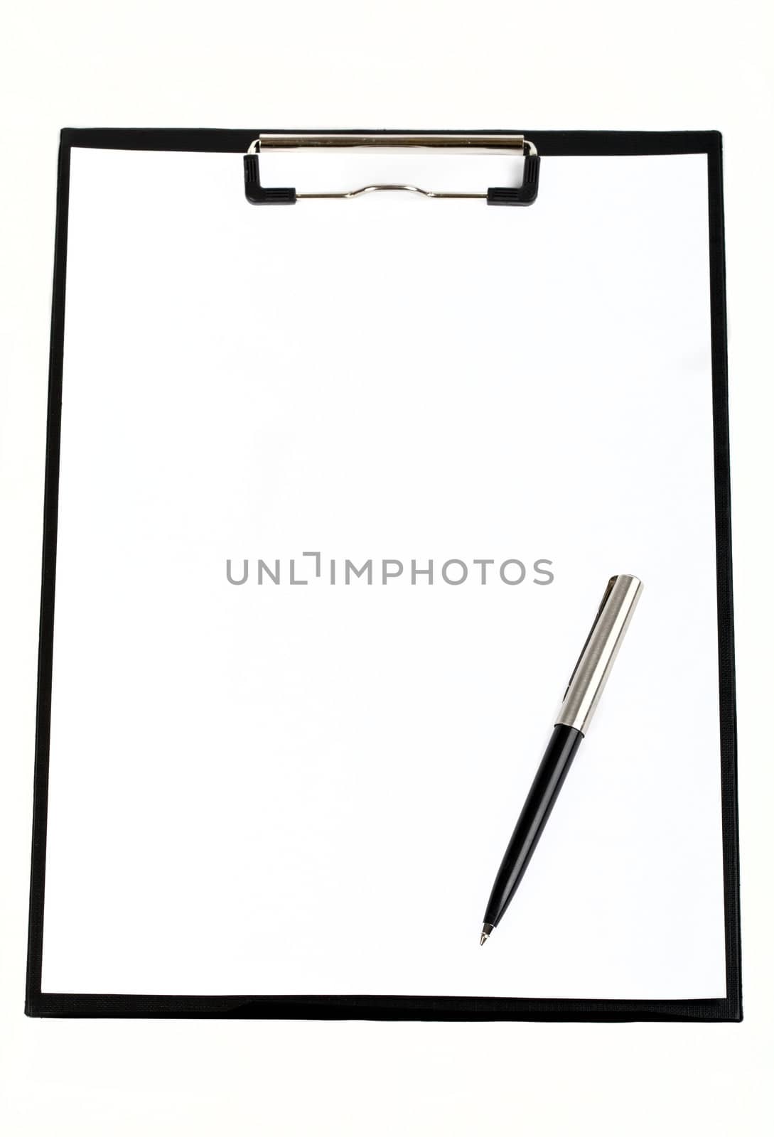 A clipboard, blank white page and pen over a white background.