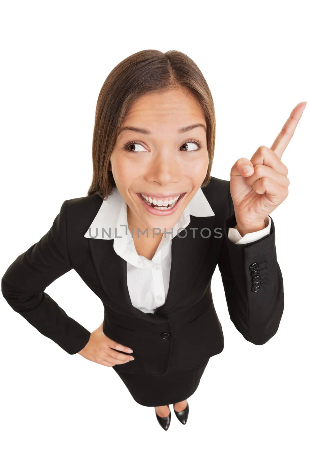 Business idea woman. Businesswoman thinking having eureka moment looking up to the side at copy space. Beautiful mixed race Asian Chinese / Caucasian woman smiling happy isolated in full body length on white background.