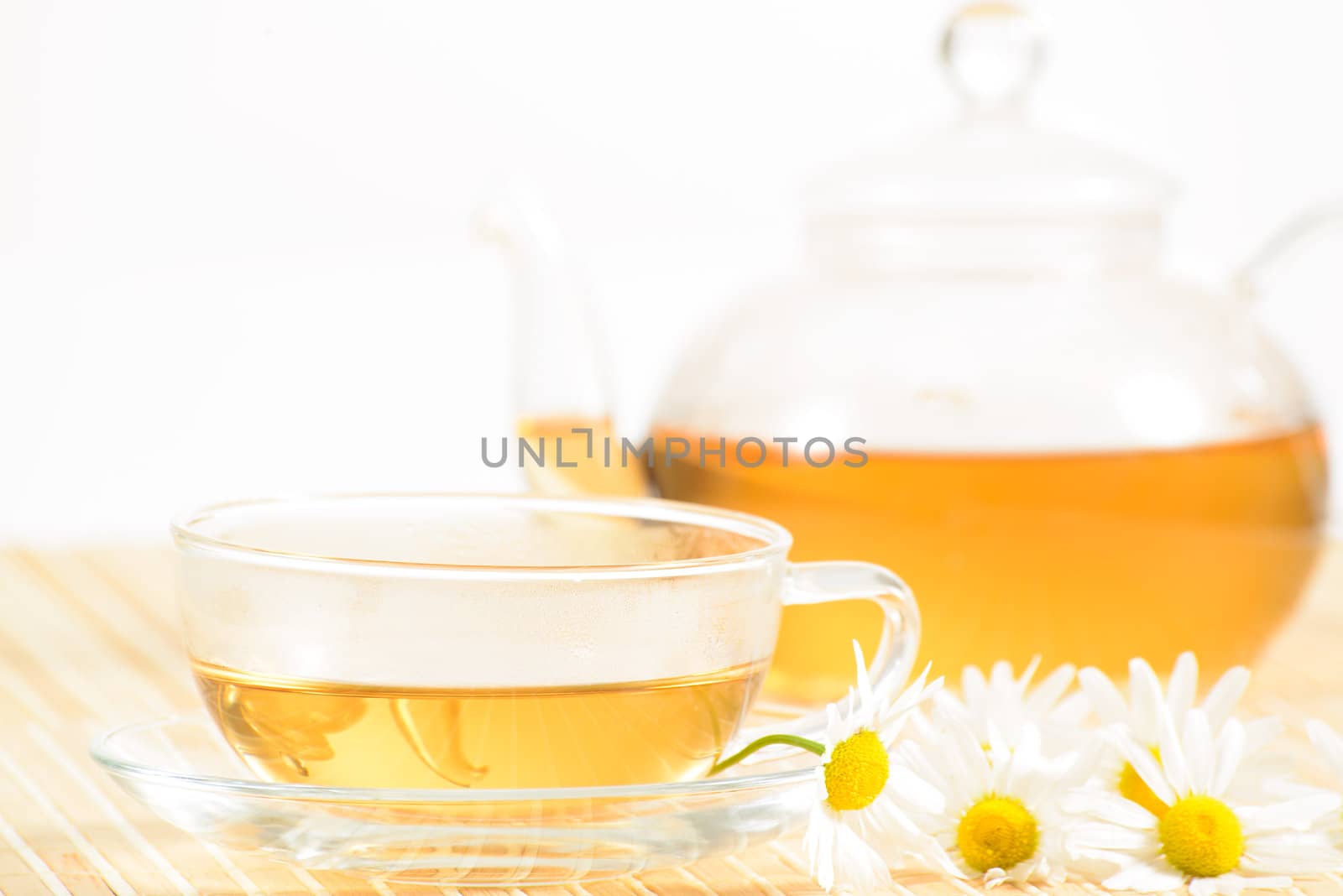 A teacup and a teapot with herbal chamomile tea