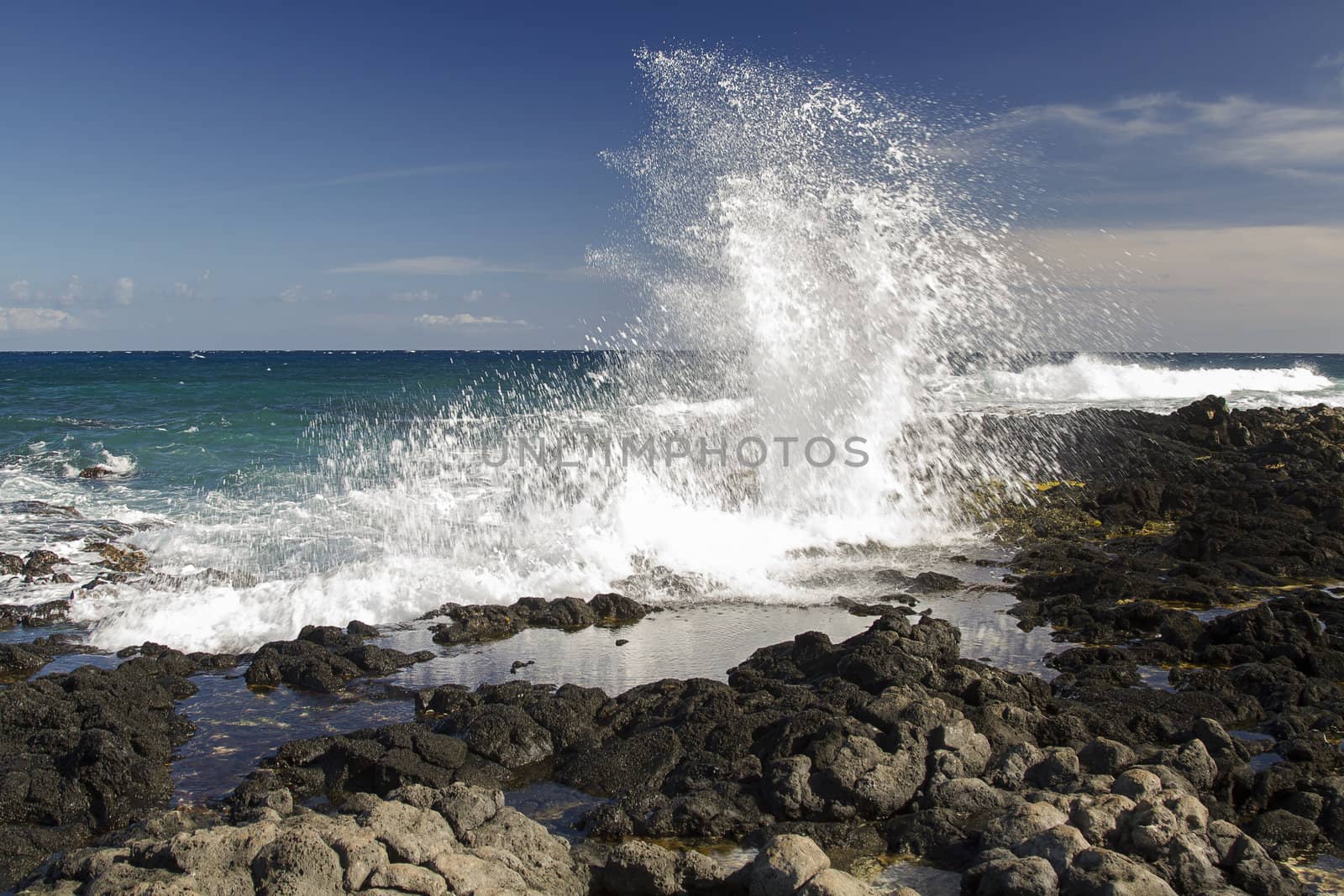 wave crashing against rocks on the island of Oahu