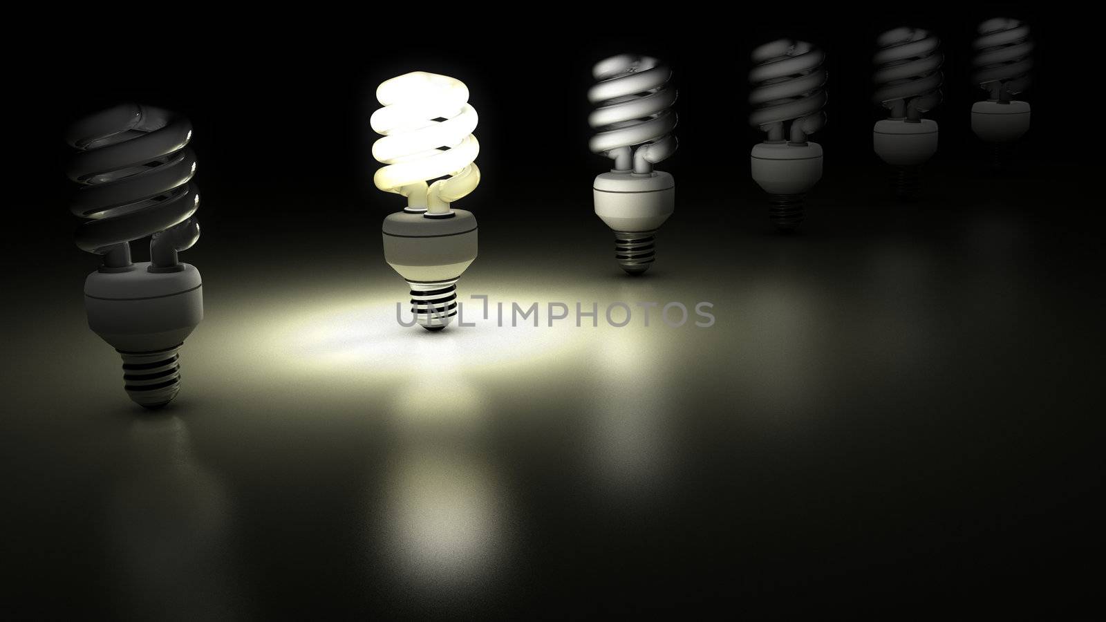 Compact fluorescent lamps in a row. One is enlightening. by ytjo