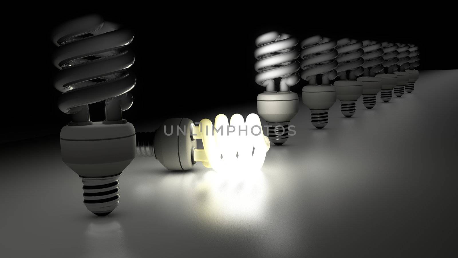 Compact fluorescent lamps in a row. One is lamp is enlightening. Idea Concept