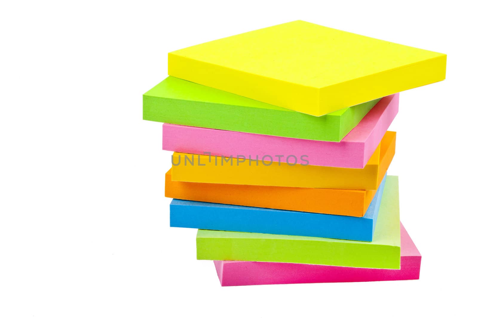 Stack of Sticky Note Pads over a white background.