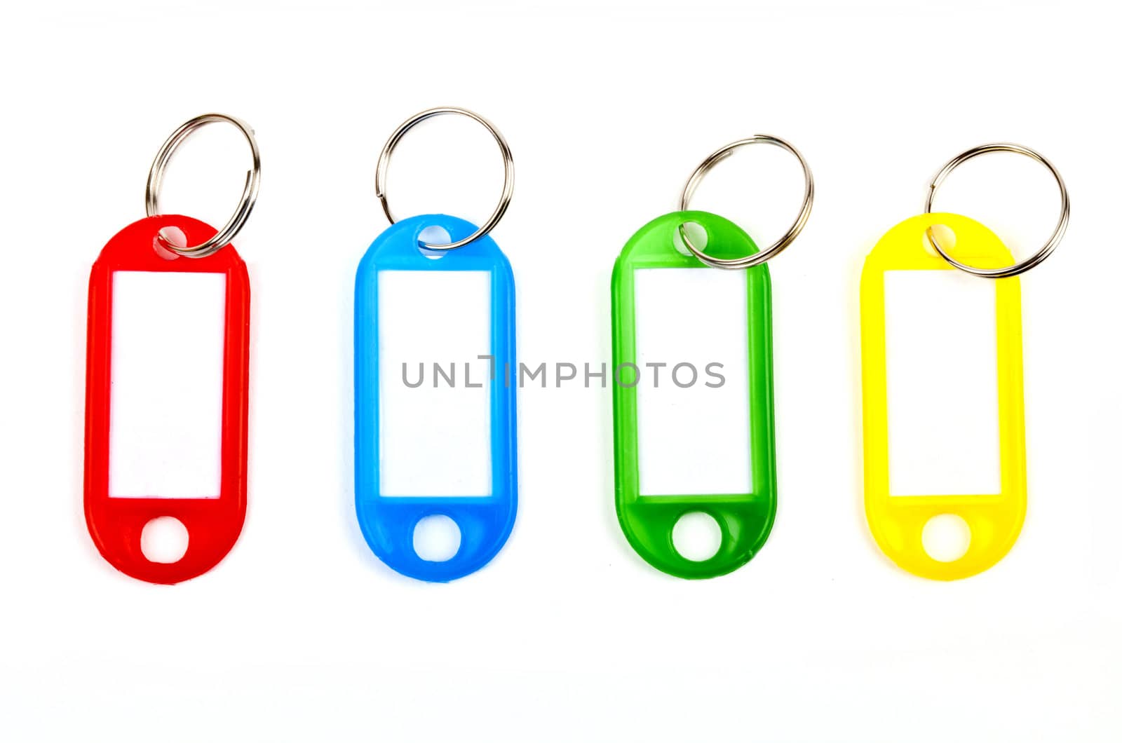 Coloured Key Tags over a white background.