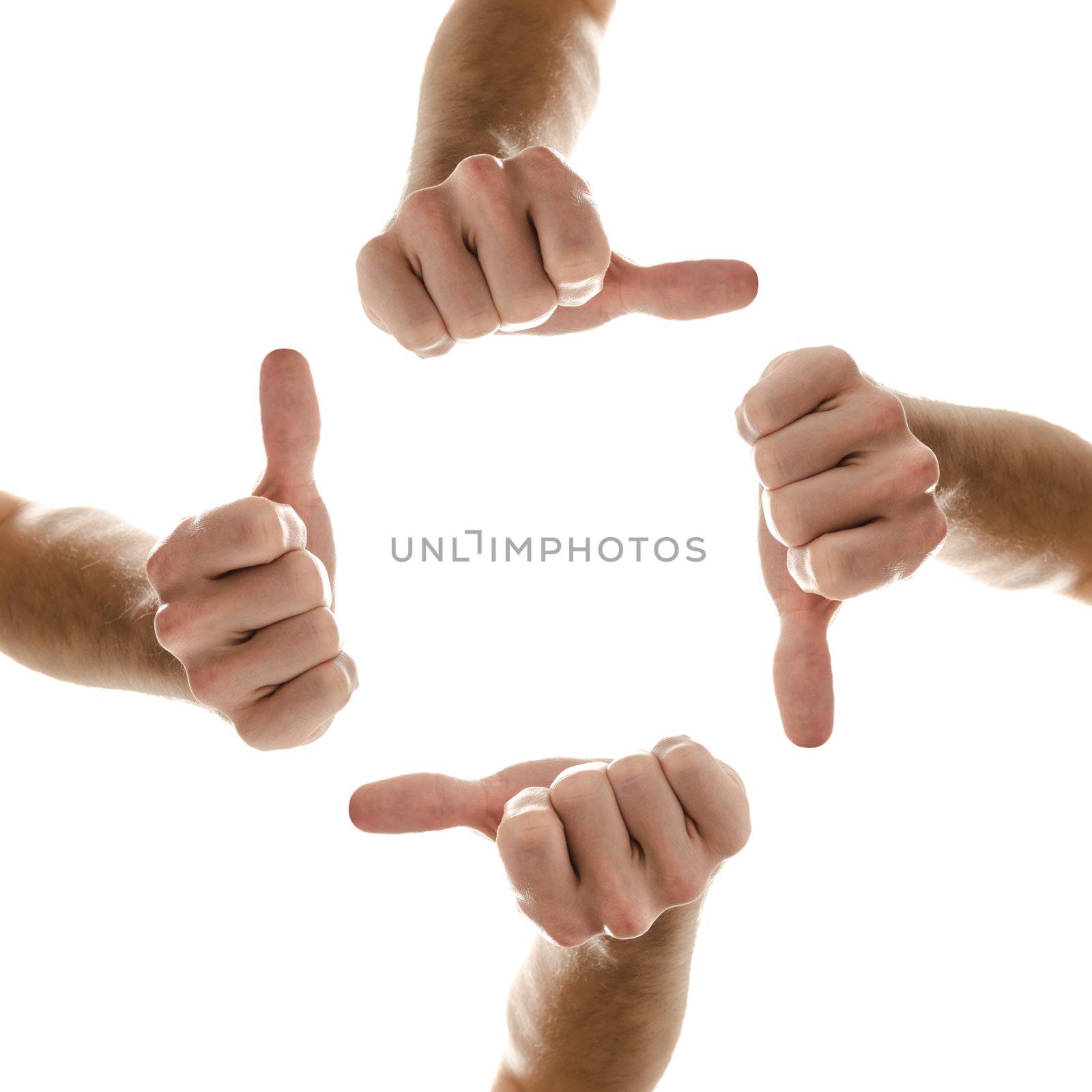 Hands in a circle with thumbs up sign. Isolated over white background.