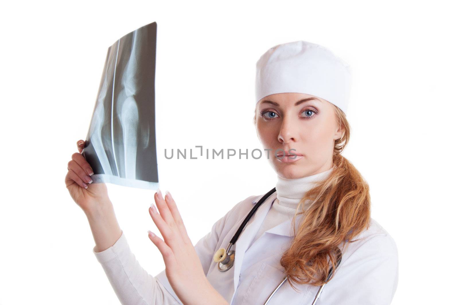 Female doctor with x-ray isolated on white