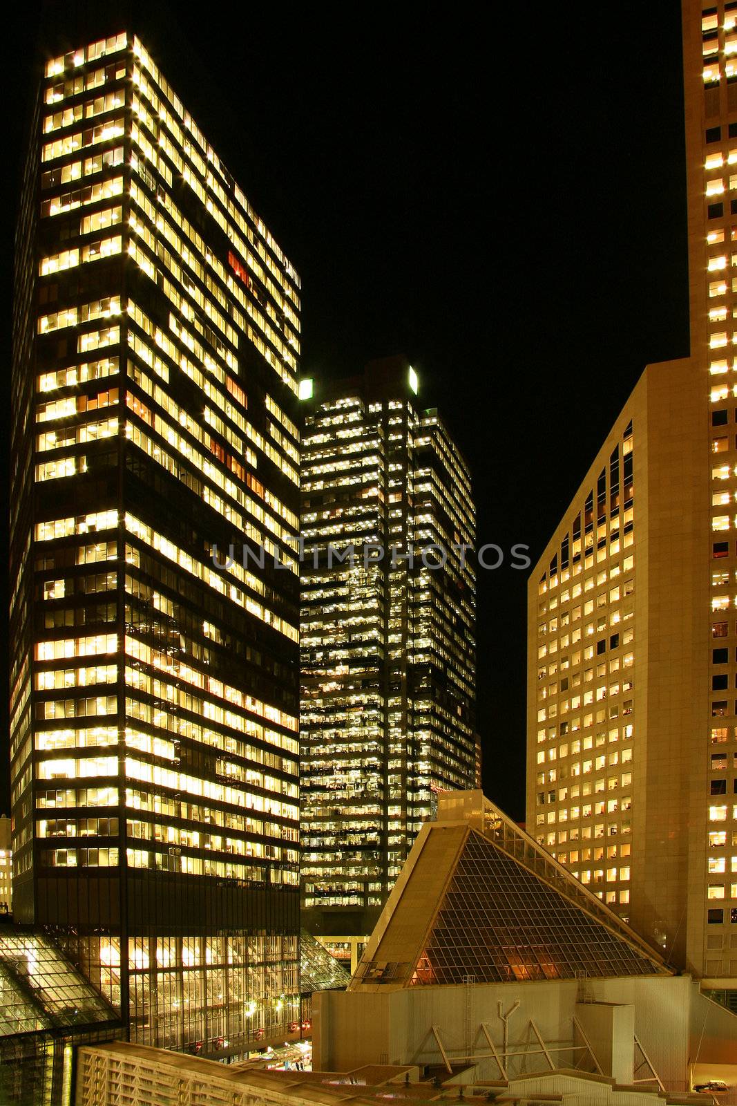 Modern buildings in downtown Calgary at night