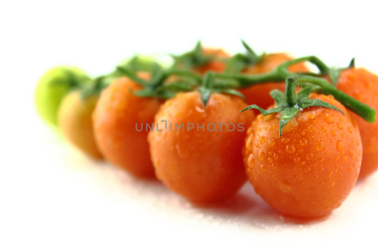 fresh cherry tomatoes with green leaves on white background