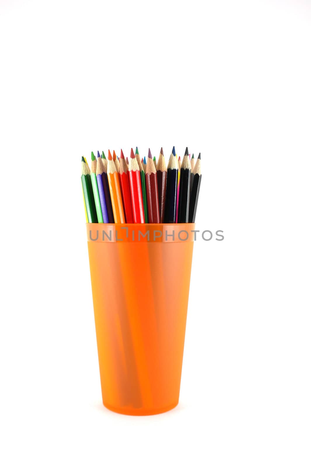 Color pencils in the orange prop over white by sergpet