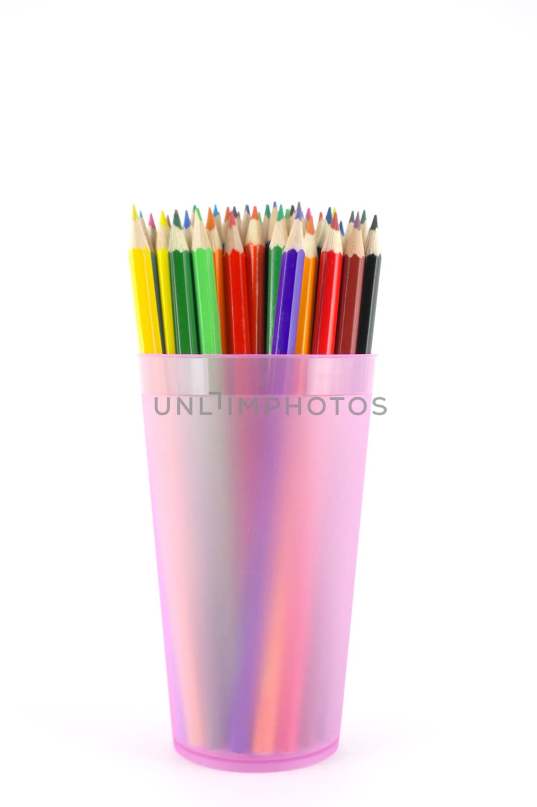 Color pencils in the pink prop over white