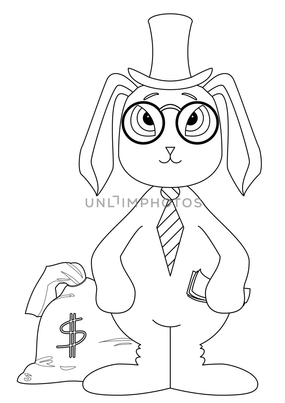 Banker rabbit rich with a bag filled with money, contours