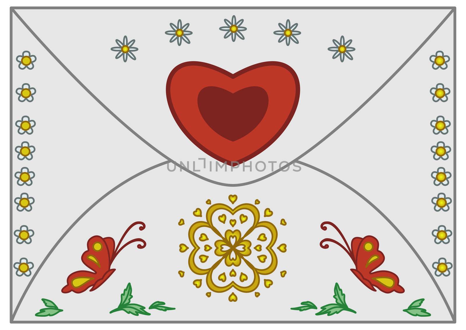 Envelope with the symbols of weddings and holidays Valentine's Day.