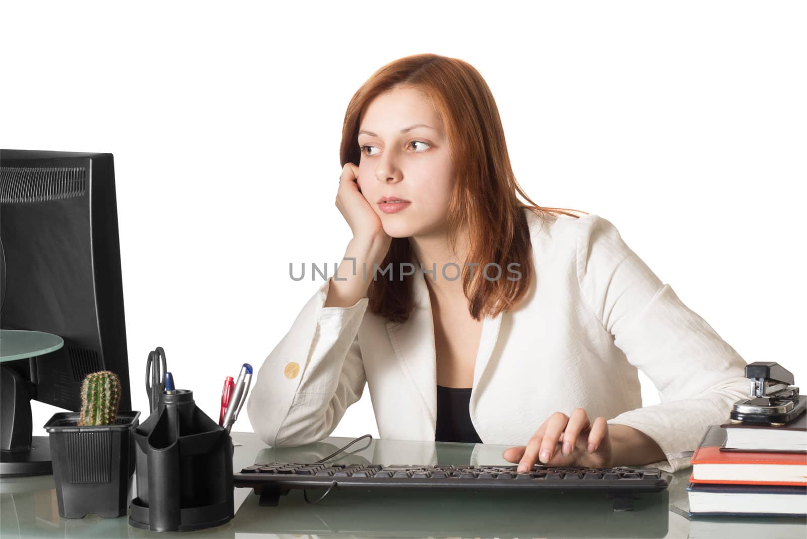 Secretary female typing on a computer keyboard in the office on a white background isolated