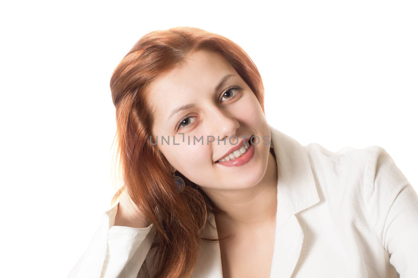 pretty girl with golden hair on a white background isolated