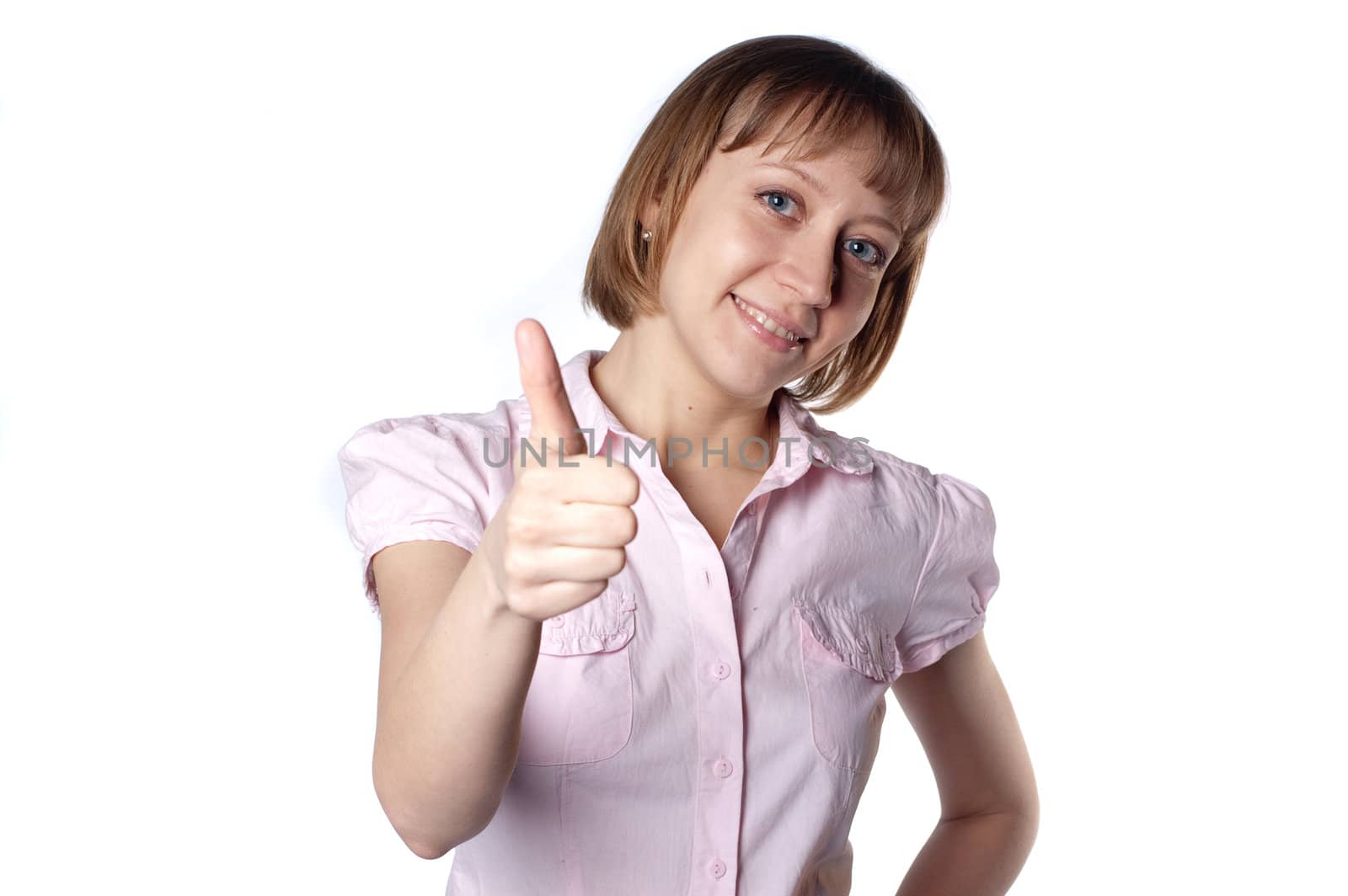 young girl with a raised thumb