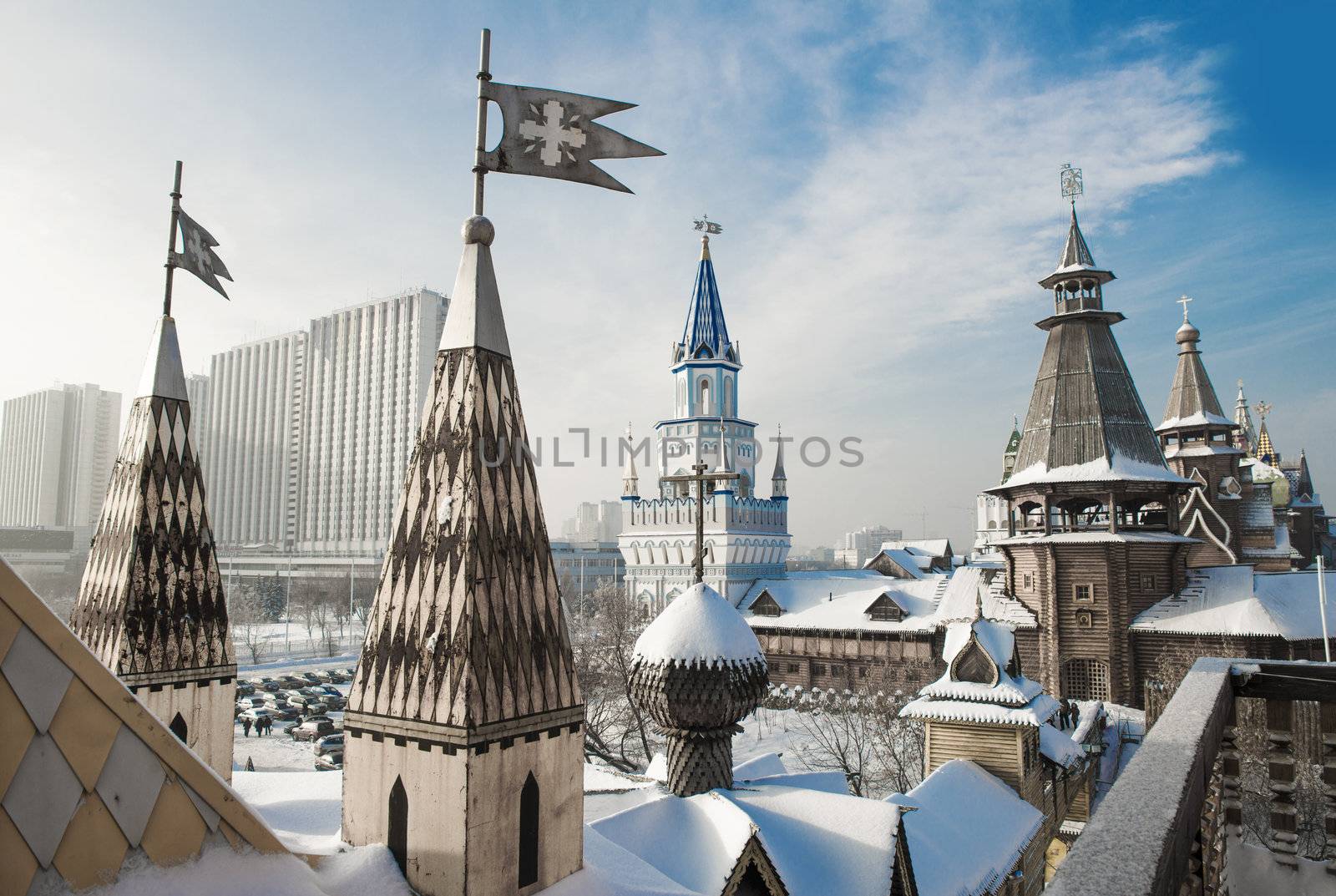  Moscow, Russia - January 2013. The reconstructed complex Izmailovskiy Kremlin is a sample of the Russian wooden architecture.