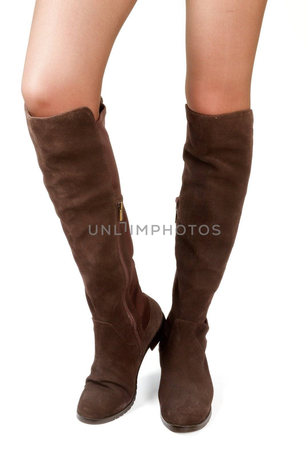 Brown Chamois Leather Women's High Boots isolated on white background