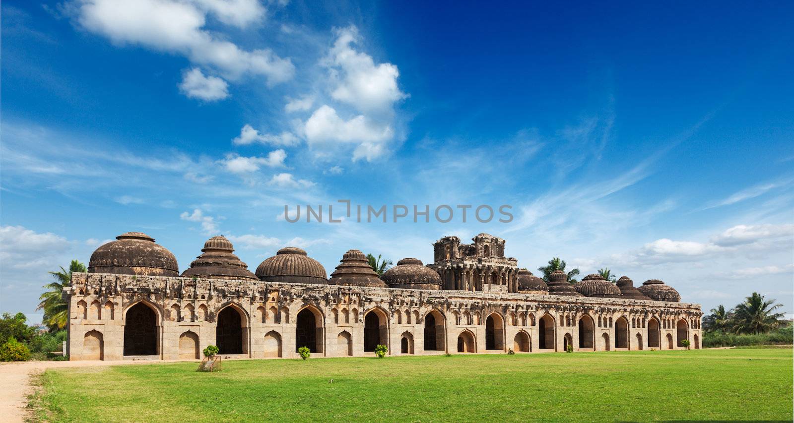 Ancient ruins of Elephant Stables, Royal Centre. Hampi, Karnataka, India. Stitched panorama