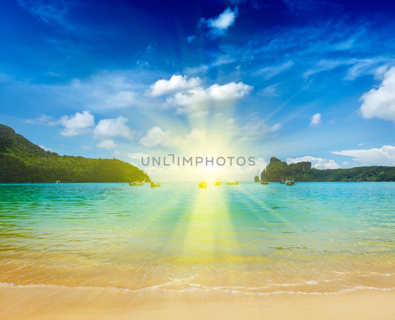 Long tail boats in bay. Thailand by dimol