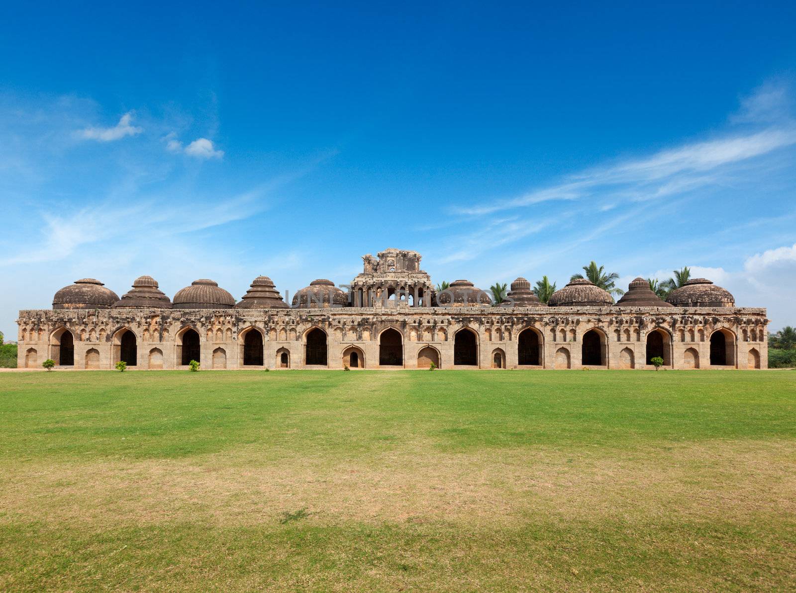 Ancient ruins of Elephant Stables, Royal Centre. Hampi, Karnataka, India. Stitched panorama