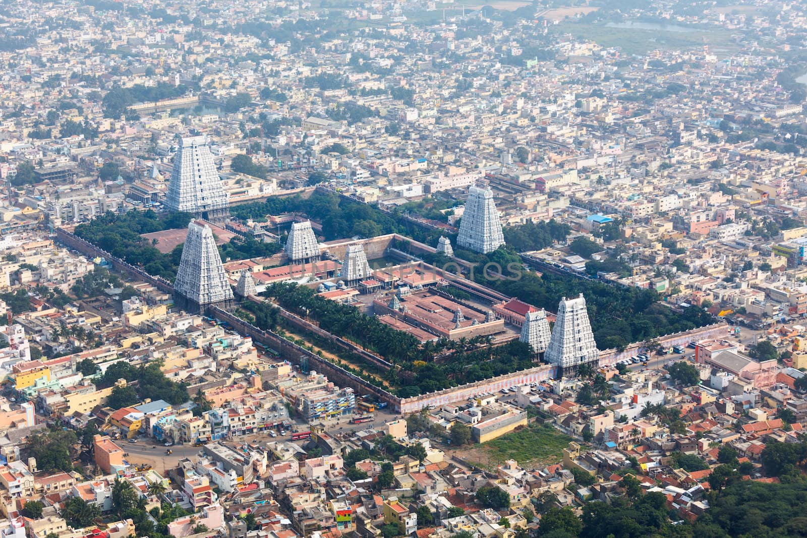 Hindu temple and indian city aerial view. Arulmigu Arunachaleswarar Temple, Tiruvannamalai, Tamil Nadu, India