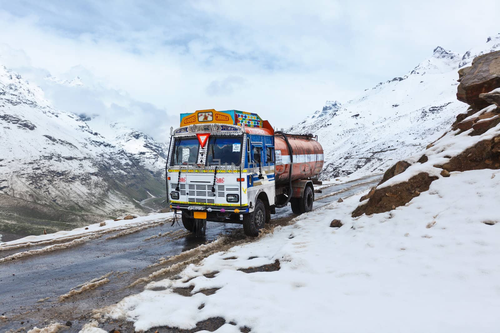 Manali-Leh road in Indian Himalayas with lorry. Himachal Pradesh, India