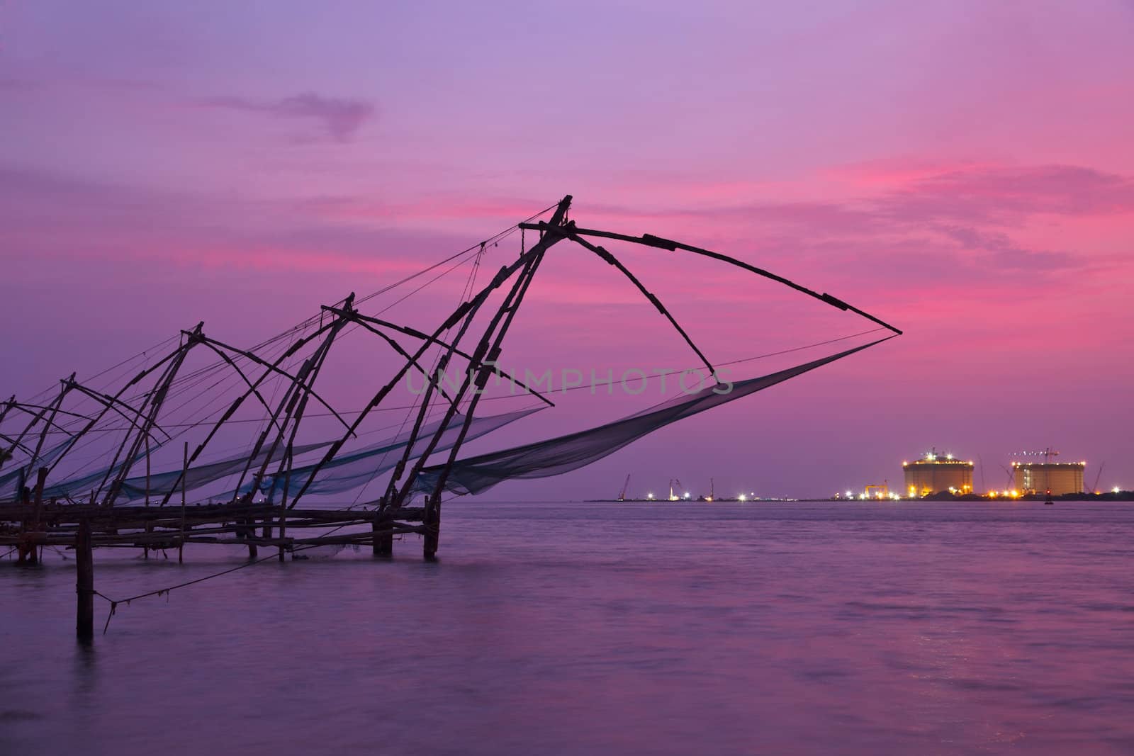 Kochi chinese fishnets on sunset. Fort Kochin, Kochi, Kerala, India