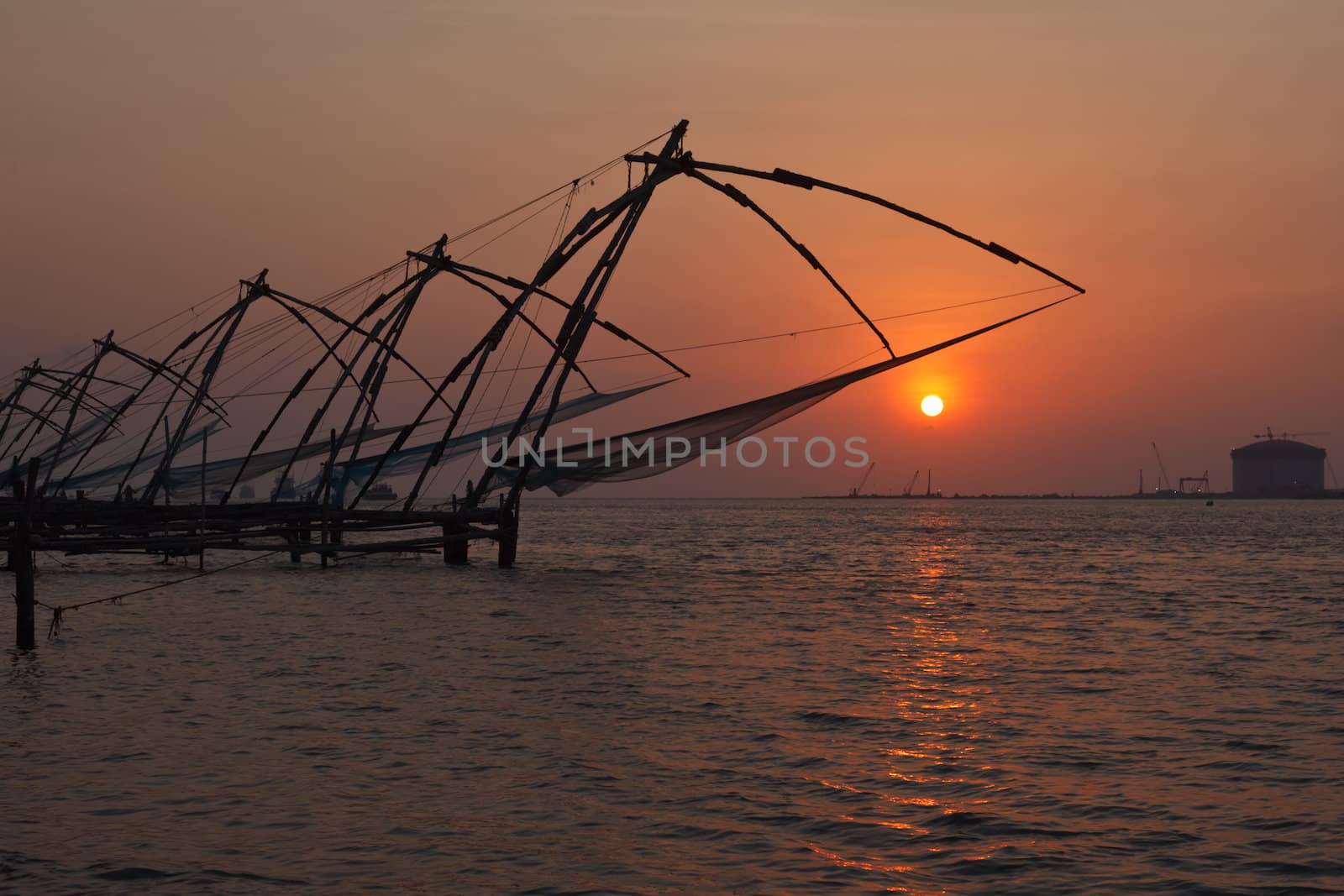 Kochi chinese fishnets on sunset. Fort Kochin, Kochi, Kerala, India