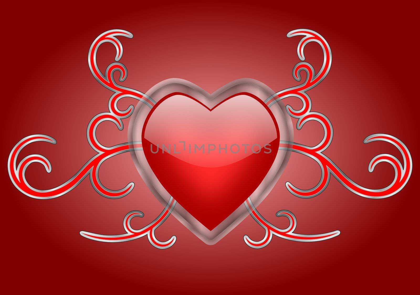 A shiny red heart with a transparent glass frame on silver and red gothic swirls background