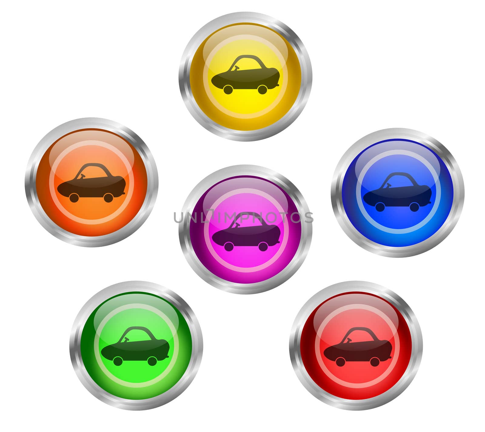 A set of glowing round car icon buttons in different colors with silver frame