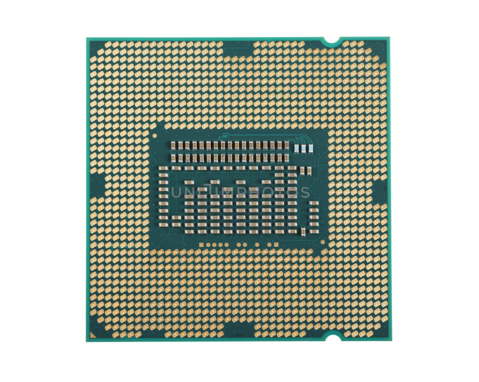 Macro view of processor microchip isolated over white background