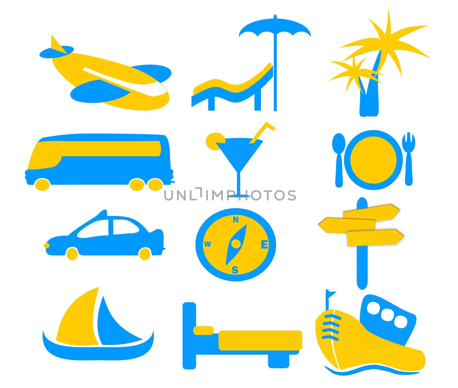A set of holiday and travel icon graphics in orange and blue colors