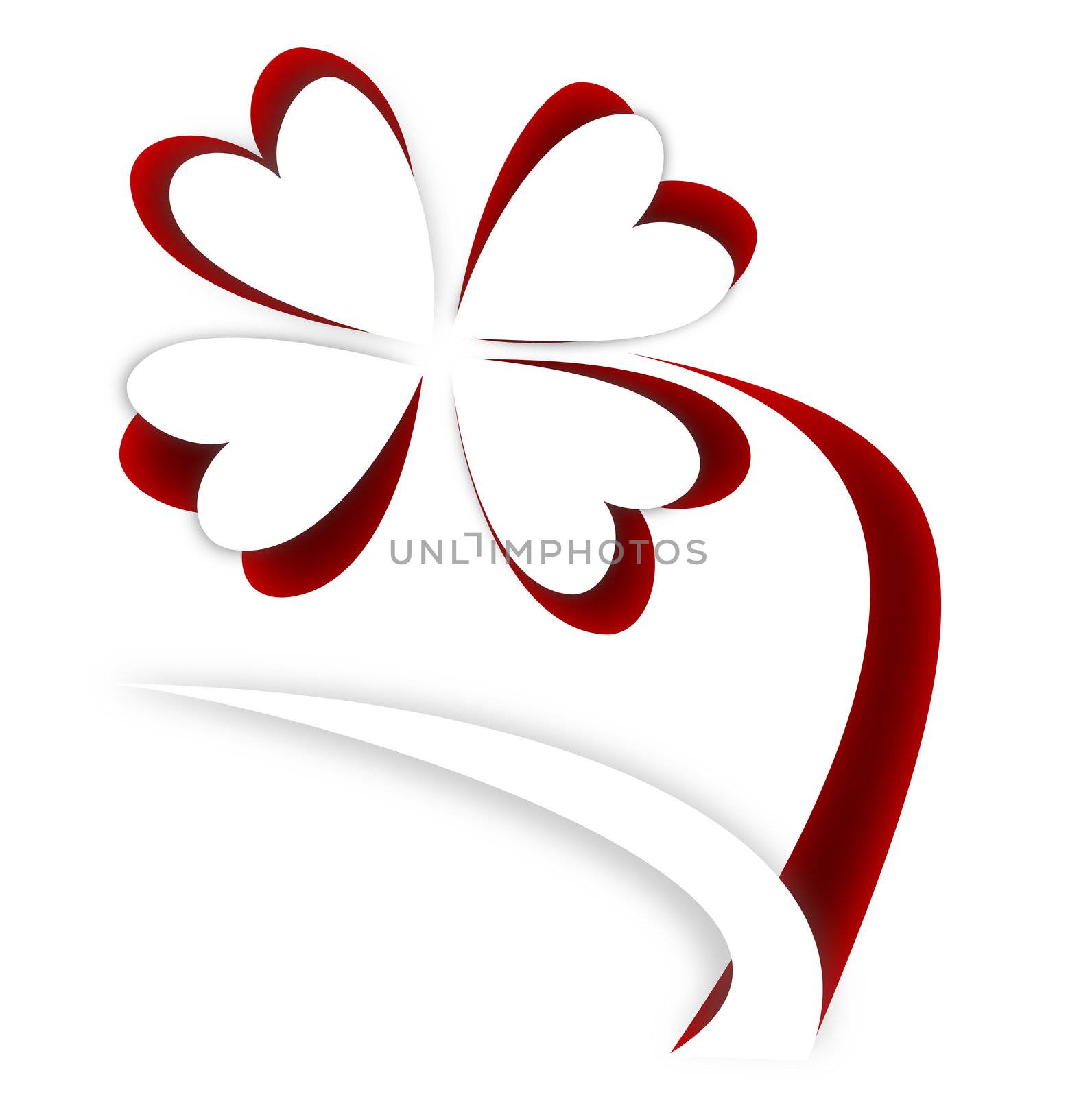 A flower with heart shaped petals cut out from a white paper placed on a red background