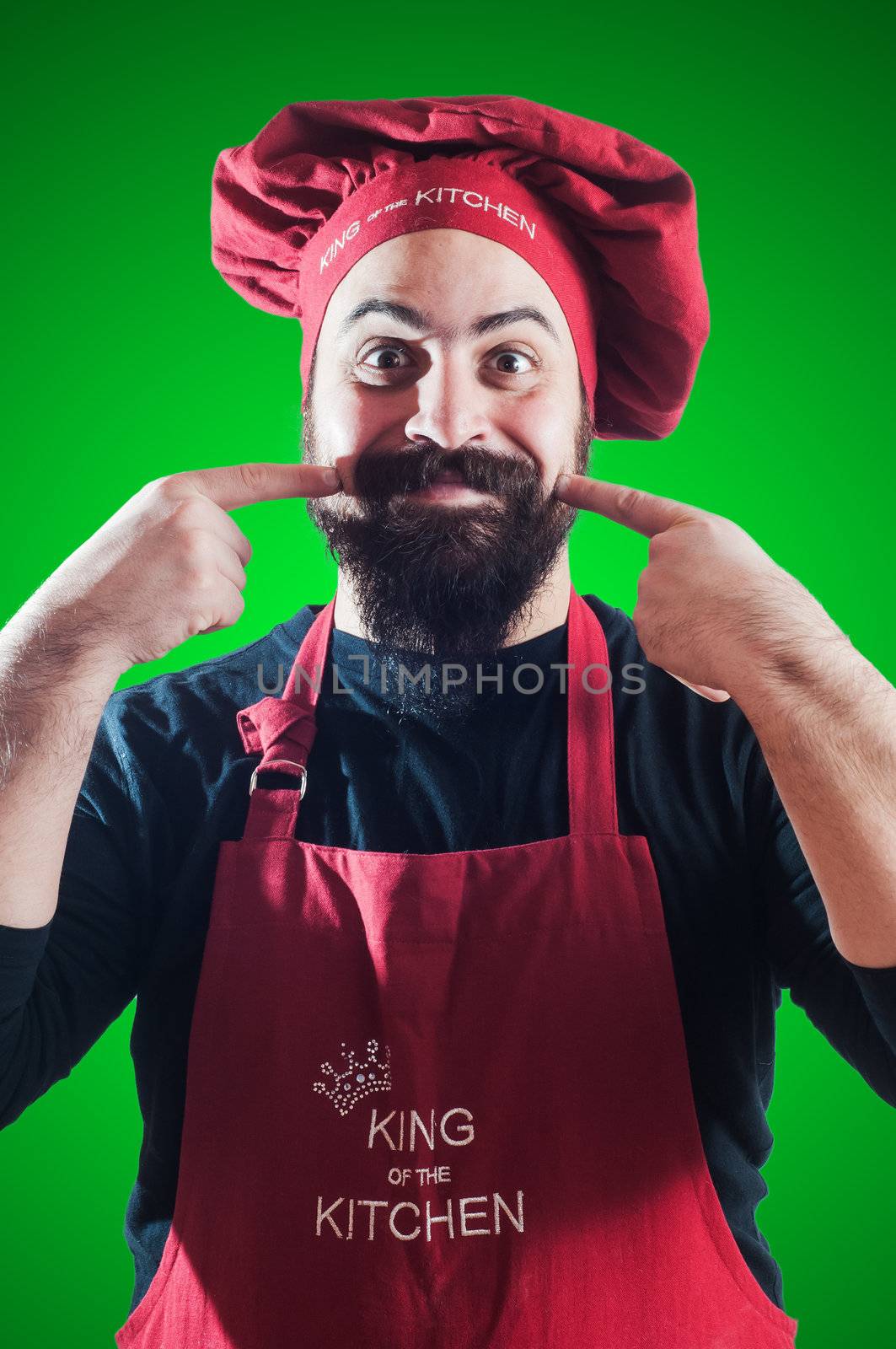 happy bearded chubby chef on green background